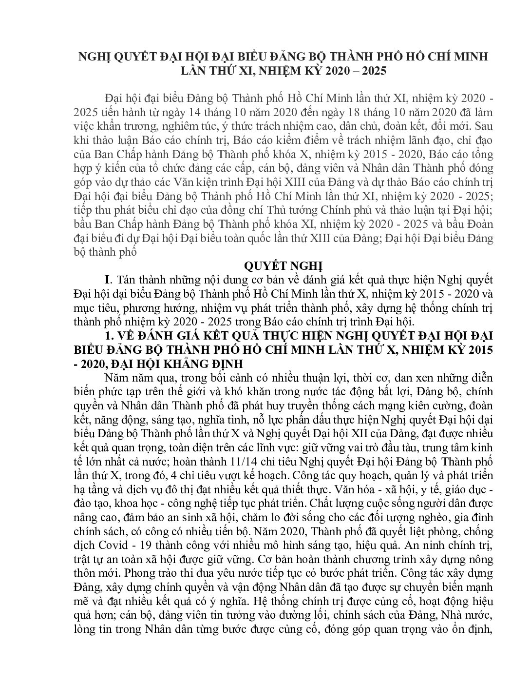 Nghị Quyết Đại hội đại biểu Đảng bộ Khối Dân – Chính – Đảng Thành phố Hồ Chí Minh lần thứ XI, nhiệm kỳ 2020 – 2025