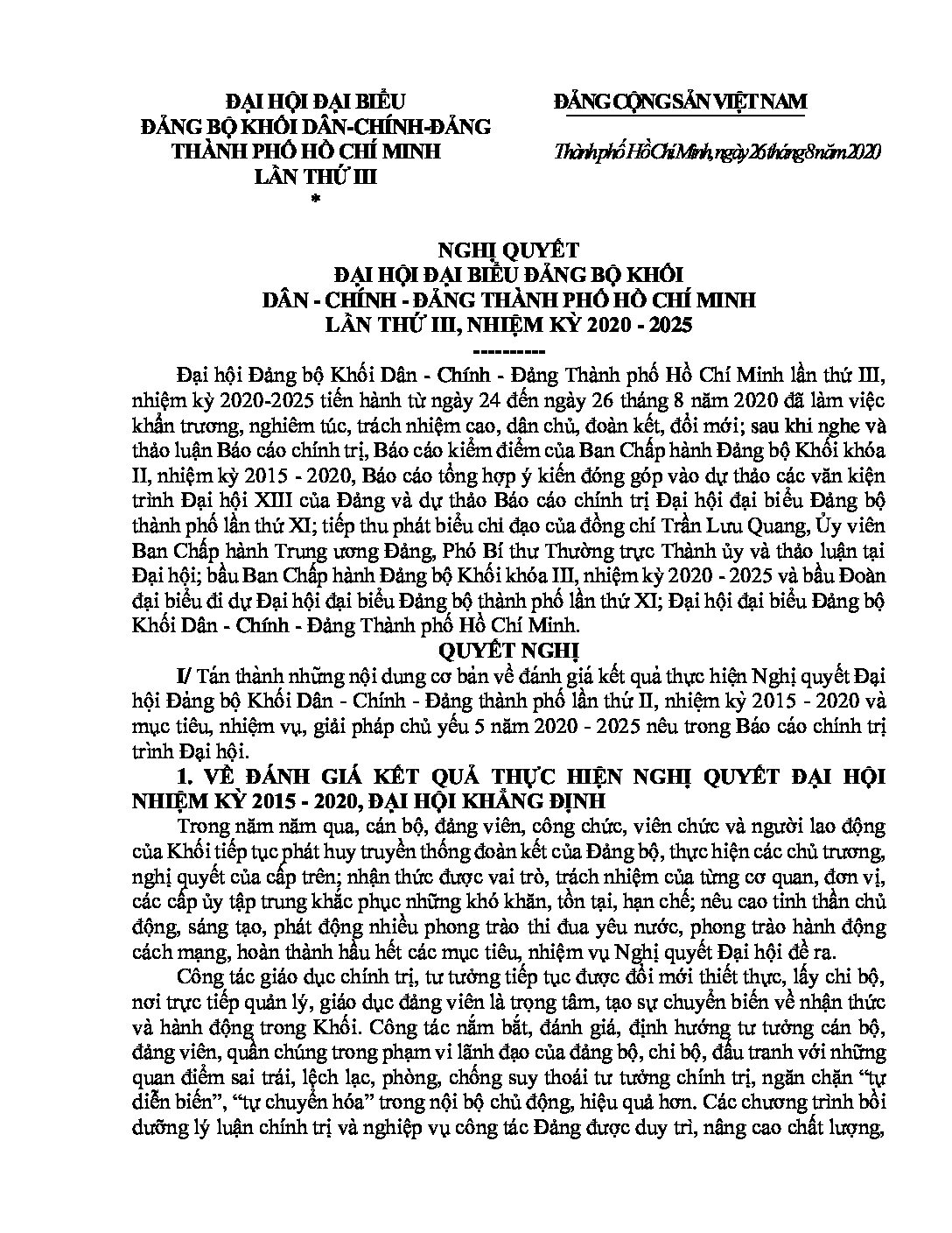 Nghị Quyết Đại hội Đảng bộ Khối Dân – Chính – Đảng Thành phố Hồ Chí Minh lần thứ III, nhiệm kỳ 2020 – 2025